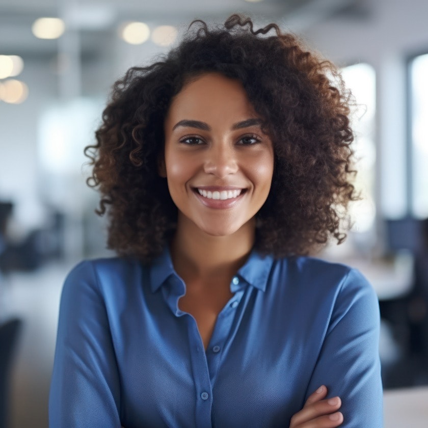 happy young african american young woman sitting in her chair smiling. AI Generative